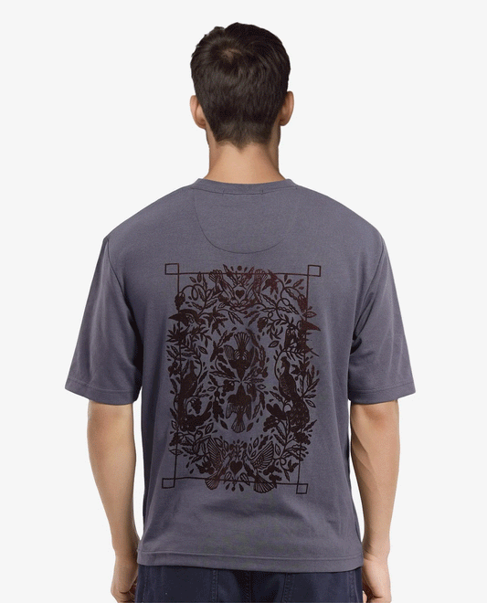 Rare Rabbit Men's Eliy Dark Grey Graphic Print Oversized Fit Half Sleeve Crew Neck T-Shirt