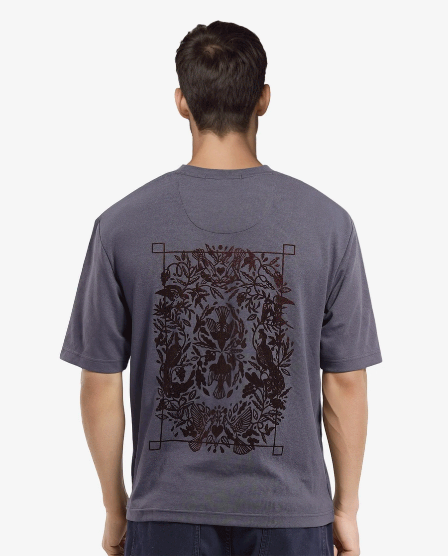 Rare Rabbit Men's Eliy Dark Grey Graphic Print Oversized Fit Half Sleeve Crew Neck T-Shirt