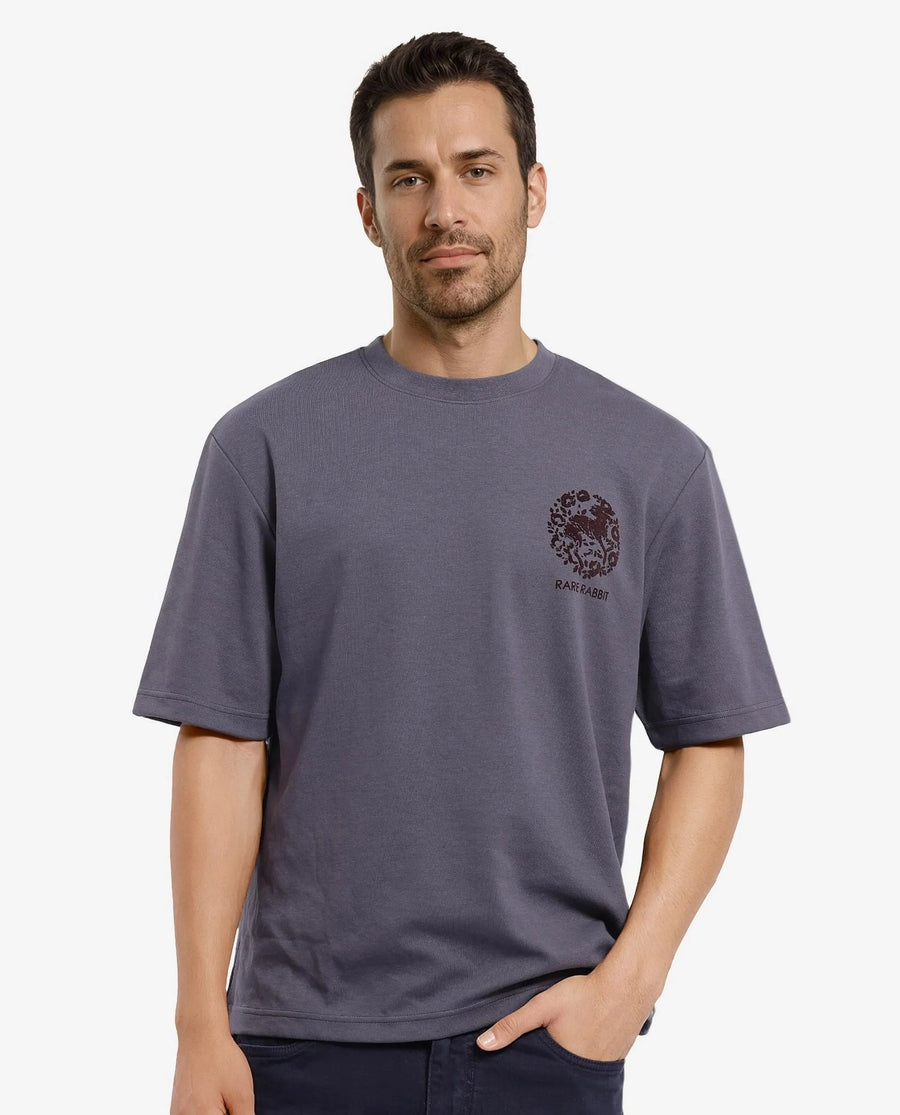 Rare Rabbit Men's Eliy Dark Grey Graphic Print Oversized Fit Half Sleeve Crew Neck T-Shirt
