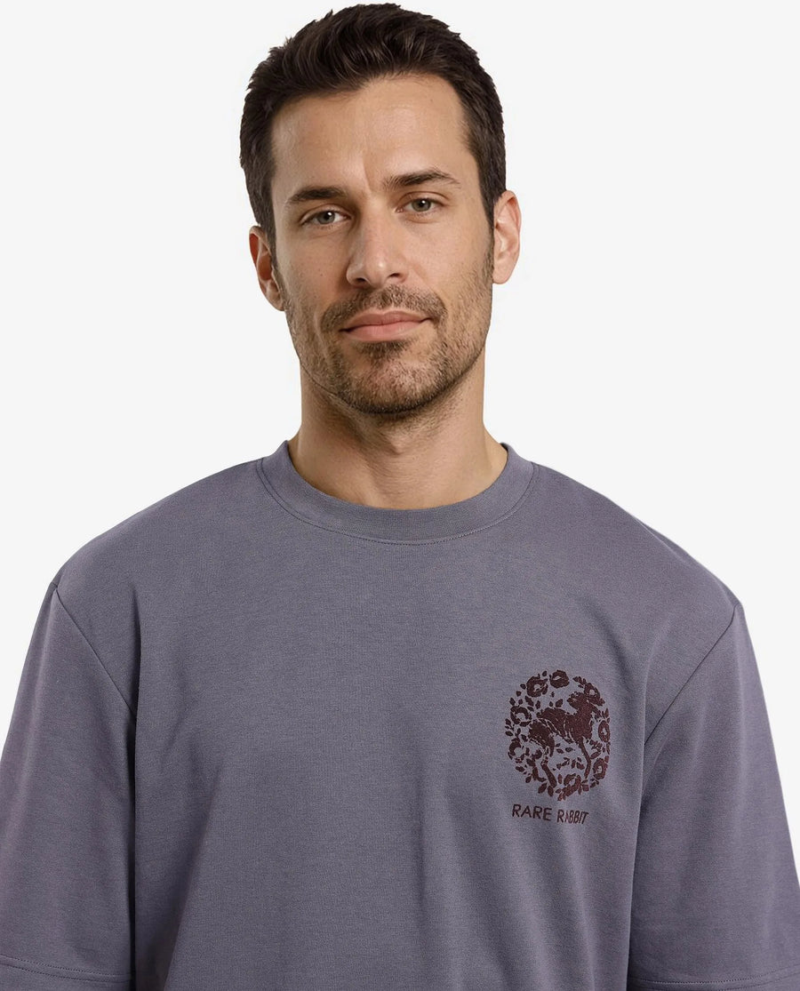 Rare Rabbit Men's Eliy Dark Grey Graphic Print Oversized Fit Half Sleeve Crew Neck T-Shirt