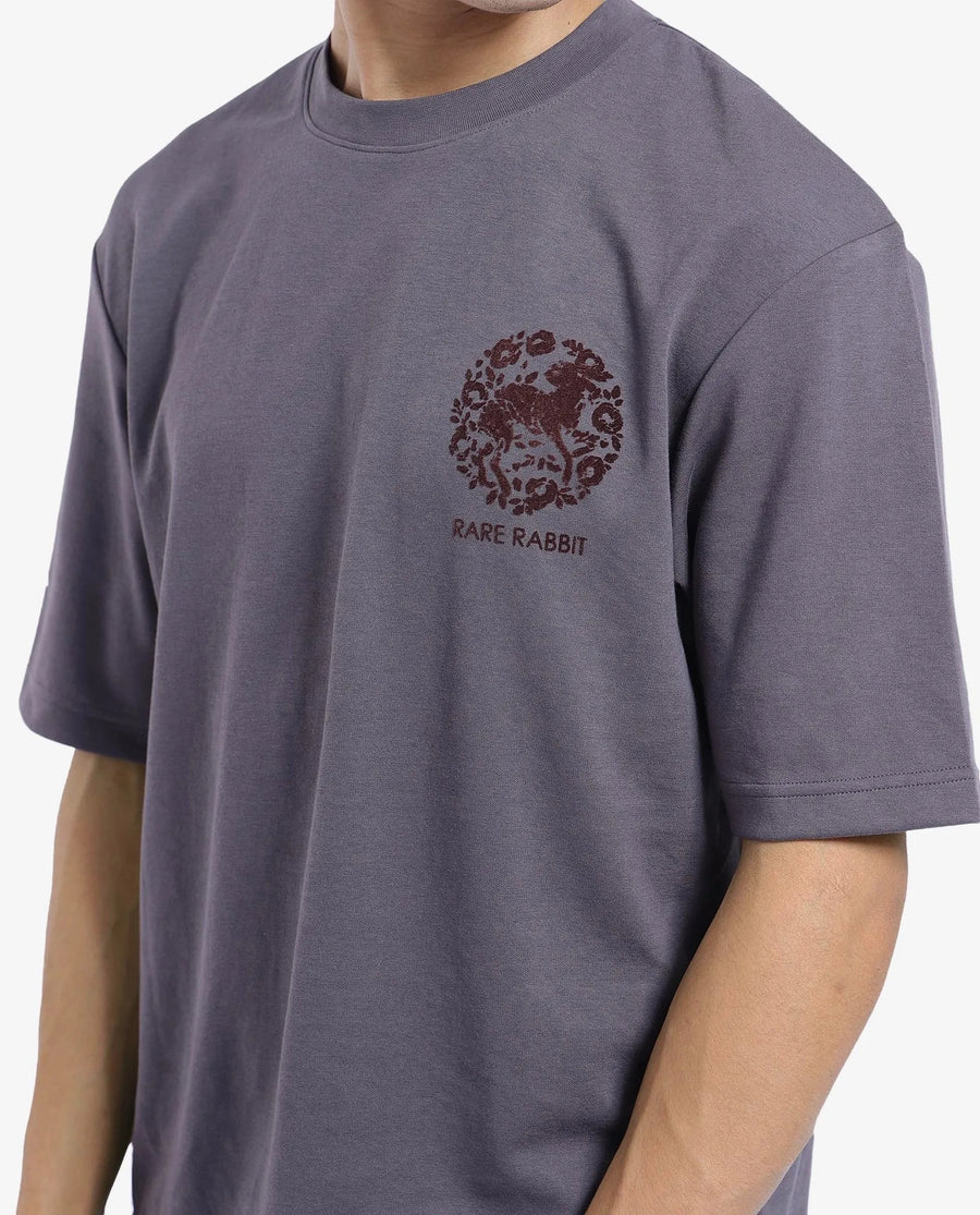 Rare Rabbit Men's Eliy Dark Grey Graphic Print Oversized Fit Half Sleeve Crew Neck T-Shirt