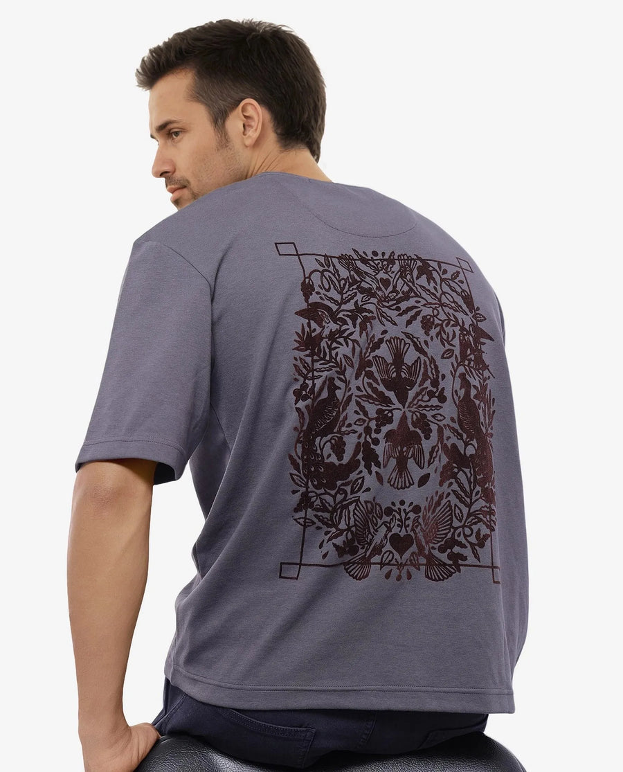 Rare Rabbit Men's Eliy Dark Grey Graphic Print Oversized Fit Half Sleeve Crew Neck T-Shirt