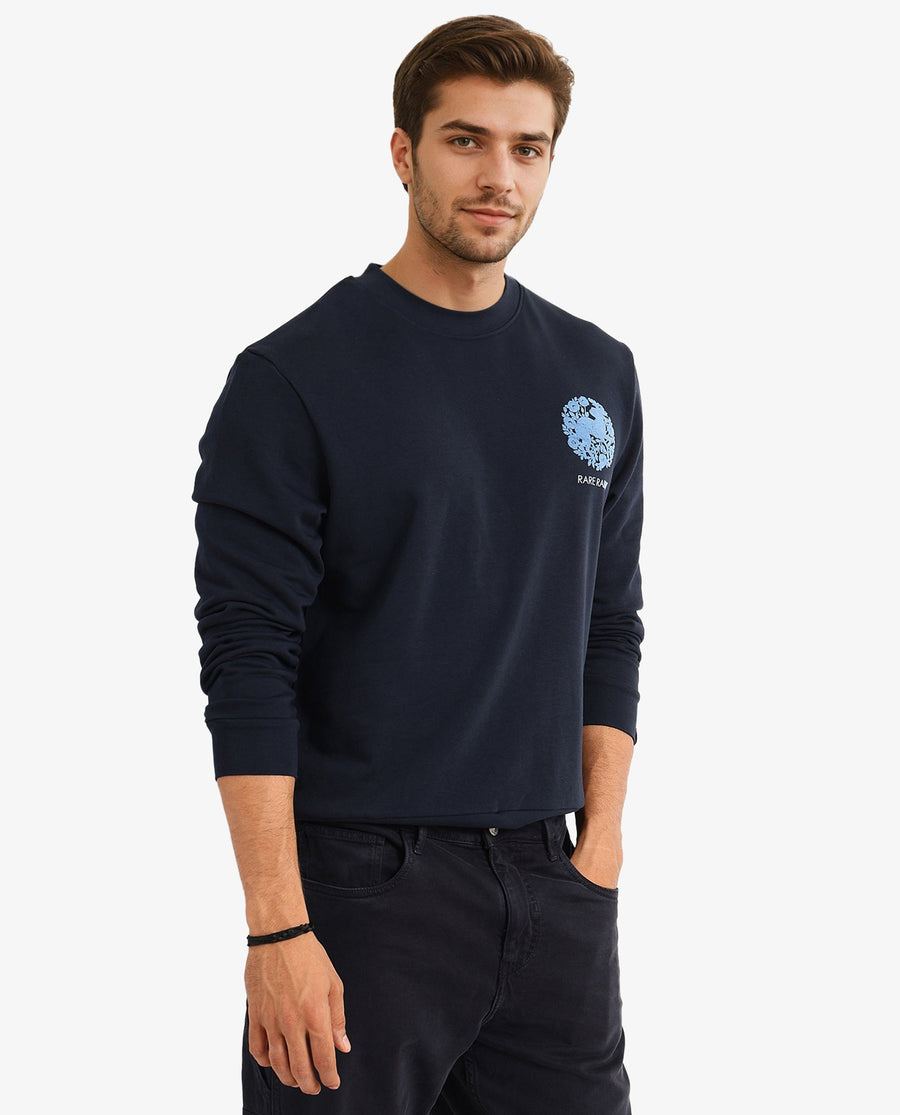 Rare Rabbit Men's Eliyo Navy Cotton Graphic Print Regular Fit Full Sleeve Crew Neck Sweatshirt