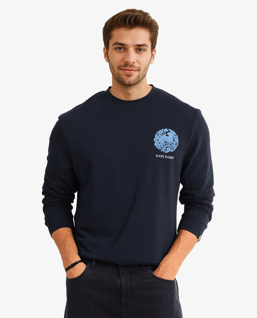 Rare Rabbit Men's Eliyo Navy Cotton Graphic Print Regular Fit Full Sleeve Crew Neck Sweatshirt