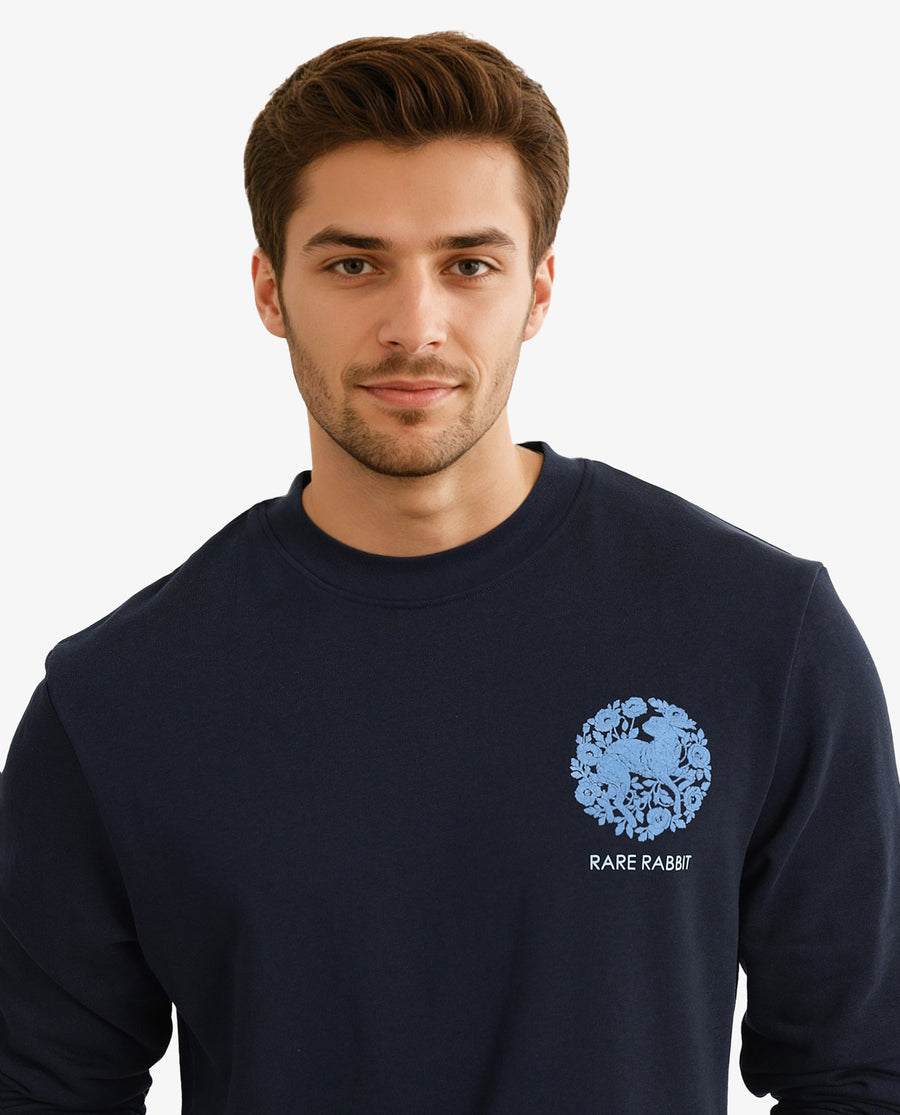Rare Rabbit Men's Eliyo Navy Cotton Graphic Print Regular Fit Full Sleeve Crew Neck Sweatshirt