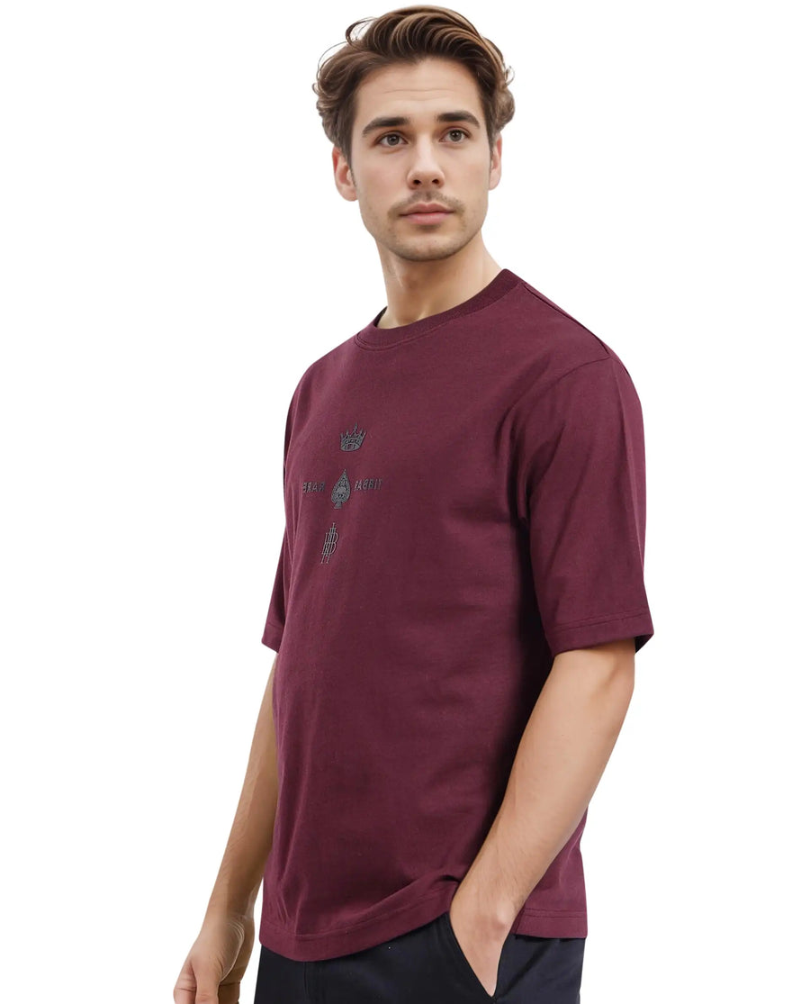 Rare Rabbit Men's Ello Dark Maroon Cotton Graphic Print Regular Fit Half Sleeve Crew Neck T-Shirt