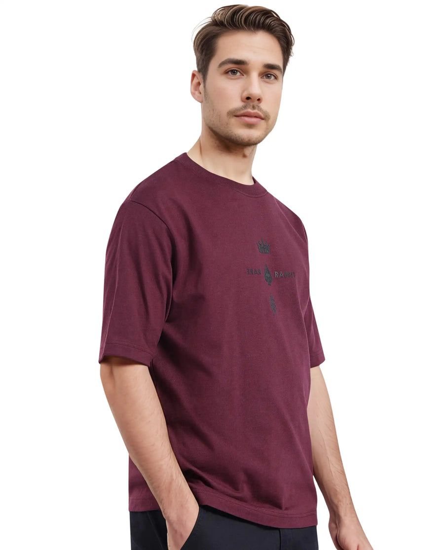 Rare Rabbit Men's Ello Dark Maroon Cotton Graphic Print Regular Fit Half Sleeve Crew Neck T-Shirt