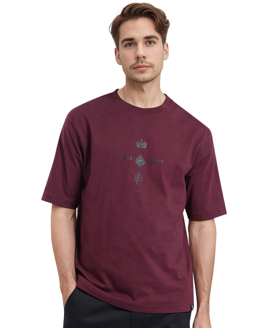 Rare Rabbit Men's Ello Dark Maroon Cotton Graphic Print Regular Fit Half Sleeve Crew Neck T-Shirt