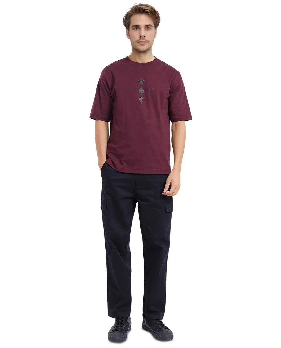 Rare Rabbit Men's Ello Dark Maroon Cotton Graphic Print Regular Fit Half Sleeve Crew Neck T-Shirt