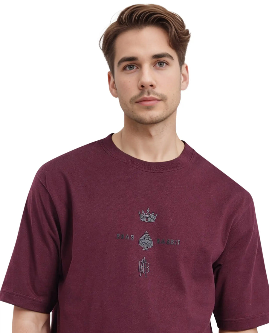 Rare Rabbit Men's Ello Dark Maroon Cotton Graphic Print Regular Fit Half Sleeve Crew Neck T-Shirt