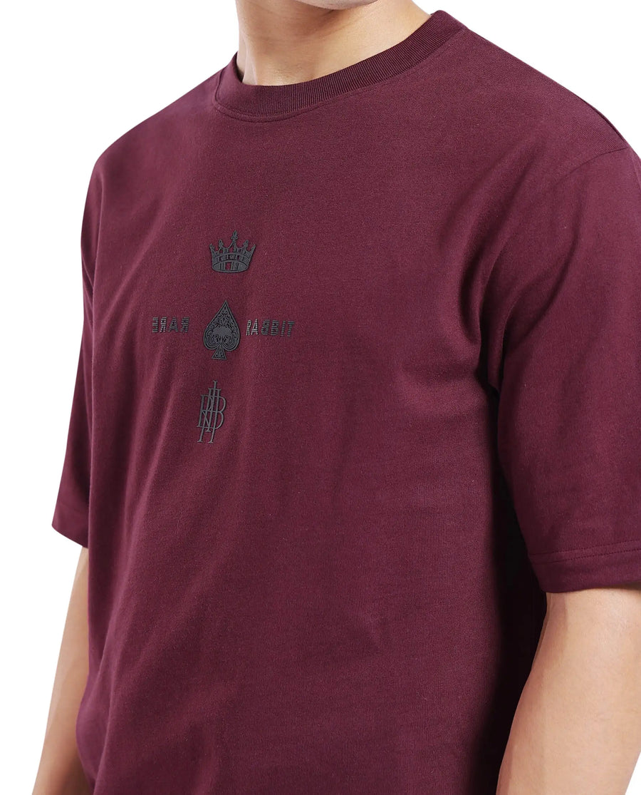 Rare Rabbit Men's Ello Dark Maroon Cotton Graphic Print Regular Fit Half Sleeve Crew Neck T-Shirt