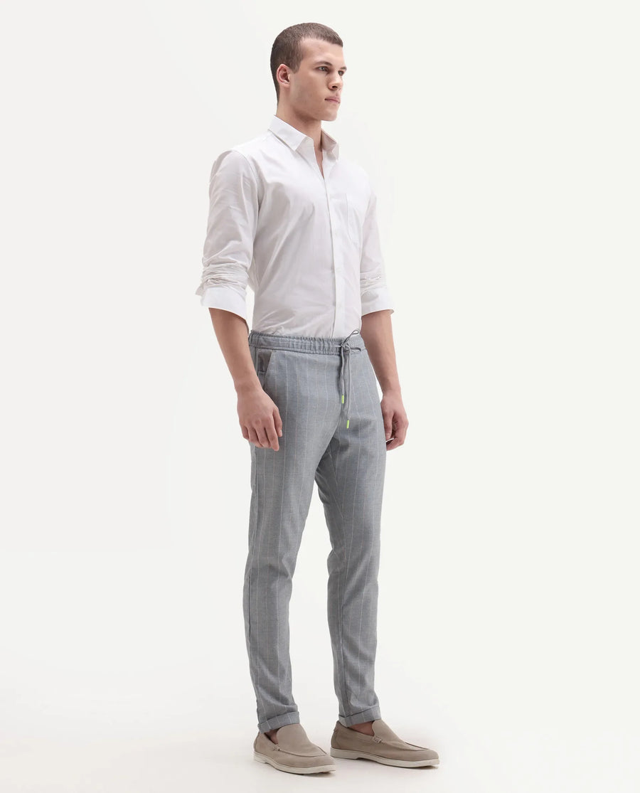 Rare Rabbit Men's Elms Grey Cotton Striped Print Regular Fit Trouser