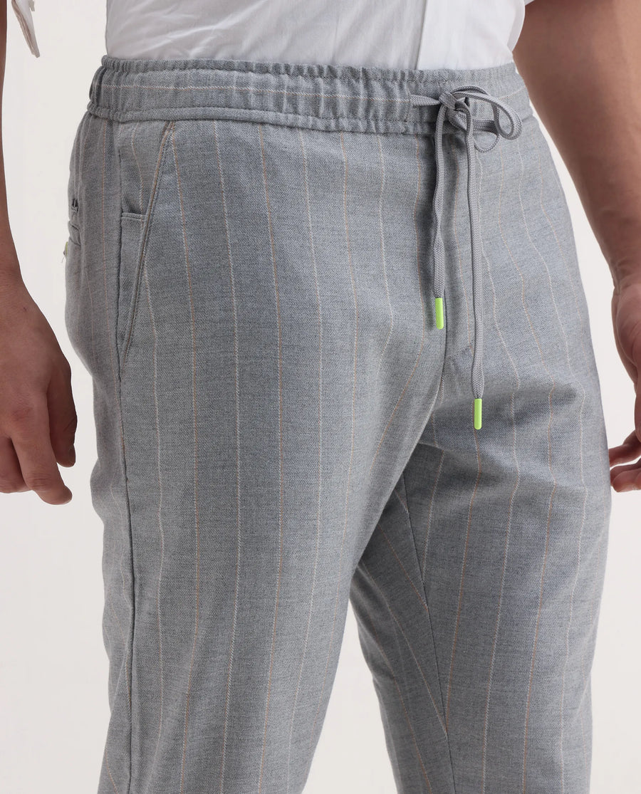 Rare Rabbit Men's Elms Grey Cotton Striped Print Regular Fit Trouser