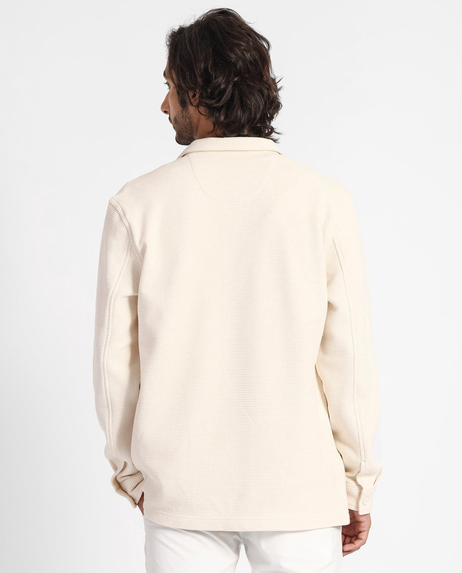 Rare Rabbit Men's Elric Light Beige Cotton Textured Regular Fit Full Sleeve Spread Collar Jacket