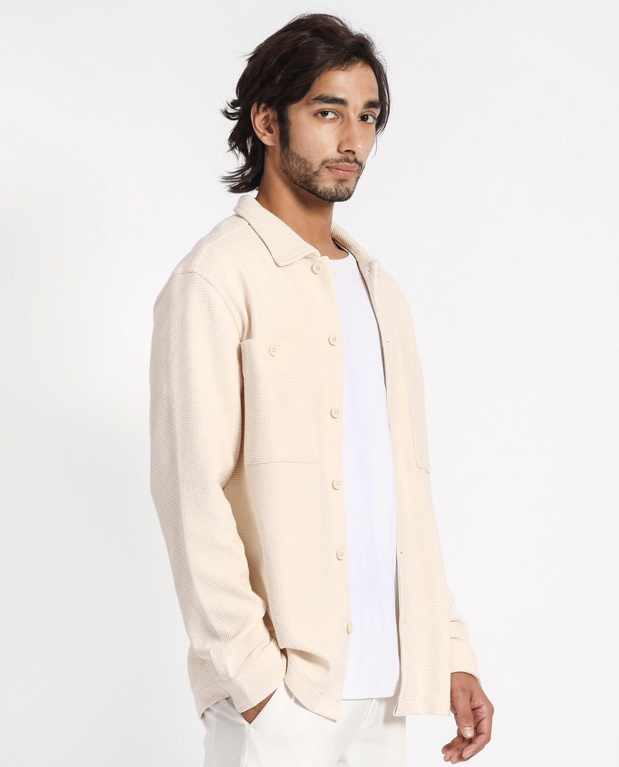 Rare Rabbit Men's Elric Light Beige Cotton Textured Regular Fit Full Sleeve Spread Collar Jacket