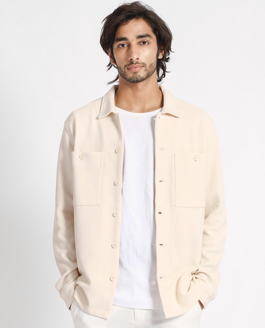 Rare Rabbit Men's Elric Light Beige Cotton Textured Regular Fit Full Sleeve Spread Collar Jacket