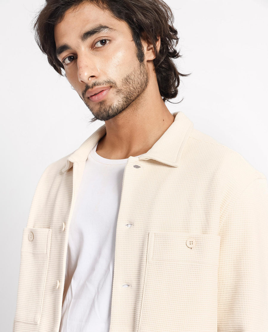 Rare Rabbit Men's Elric Light Beige Cotton Textured Regular Fit Full Sleeve Spread Collar Jacket