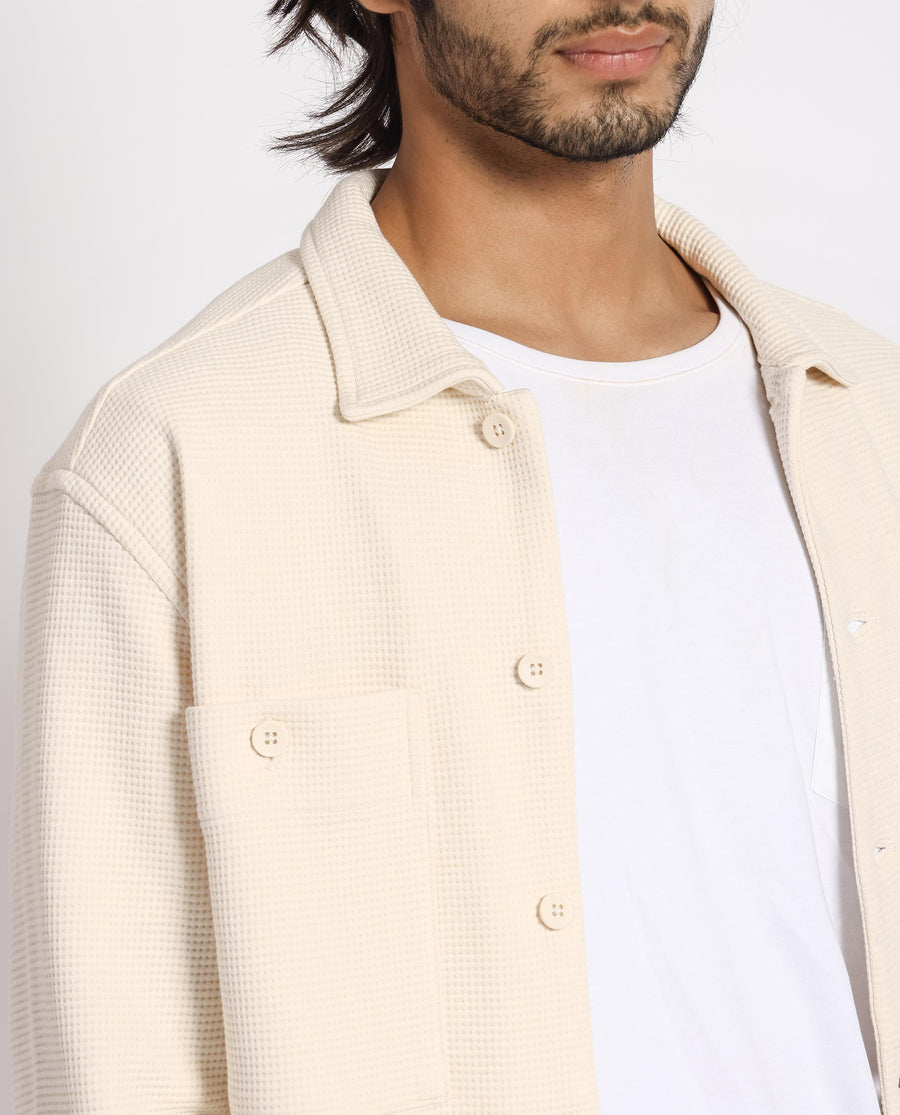 Rare Rabbit Men's Elric Light Beige Cotton Textured Regular Fit Full Sleeve Spread Collar Jacket
