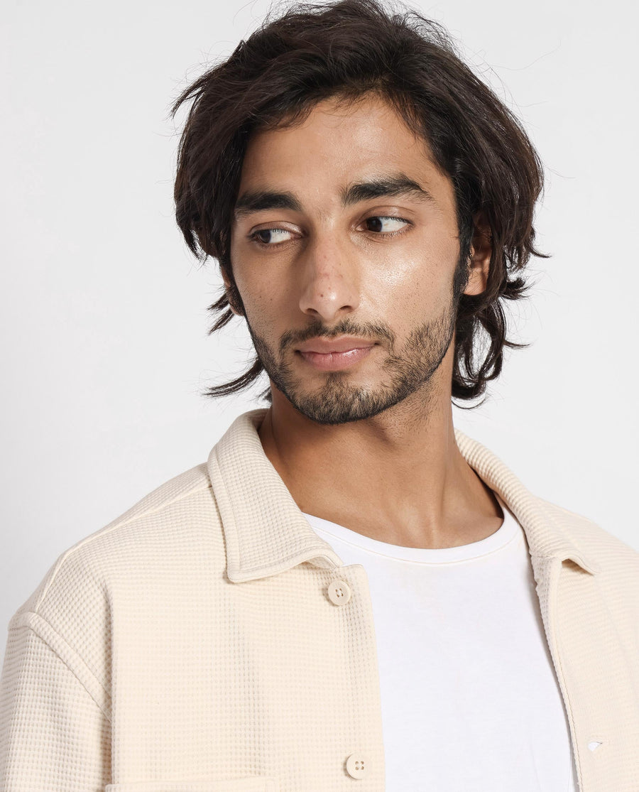 Rare Rabbit Men's Elric Light Beige Cotton Textured Regular Fit Full Sleeve Spread Collar Jacket