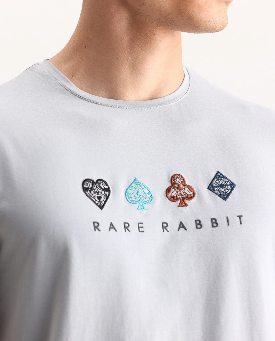 Rare Rabbit Men's Elro Light Grey Cotton Embroidered Regular Fit Half Sleeve Crew Neck T-Shirt