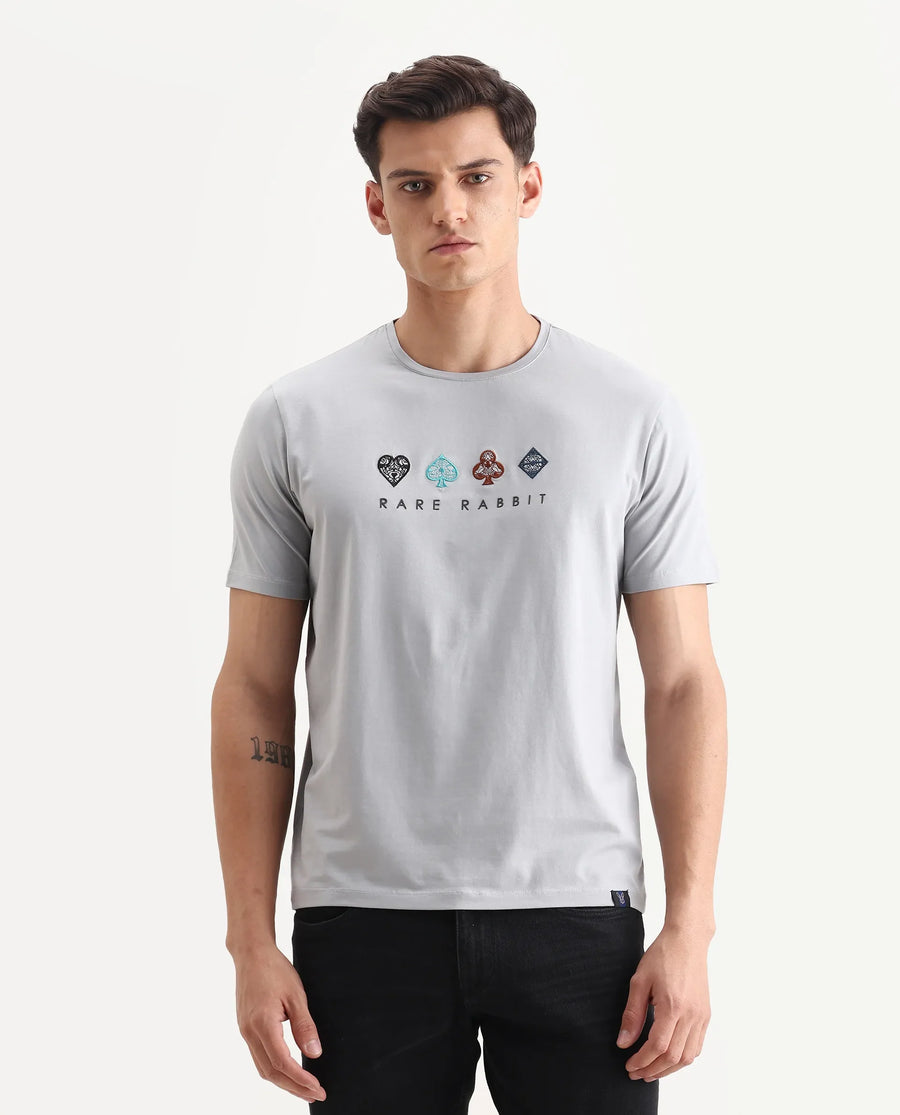 Rare Rabbit Men's Elro Light Grey Cotton Embroidered Regular Fit Half Sleeve Crew Neck T-Shirt
