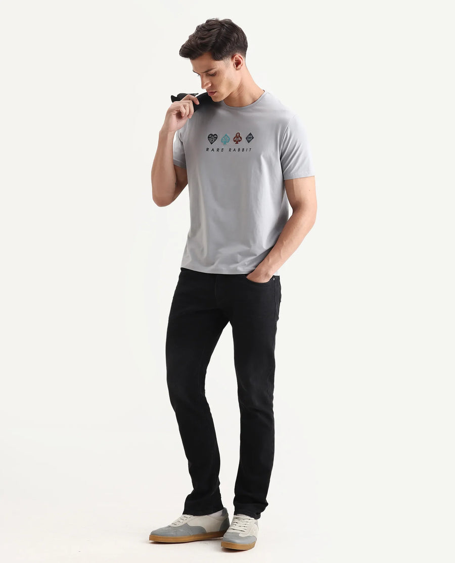 Rare Rabbit Men's Elro Light Grey Cotton Embroidered Regular Fit Half Sleeve Crew Neck T-Shirt