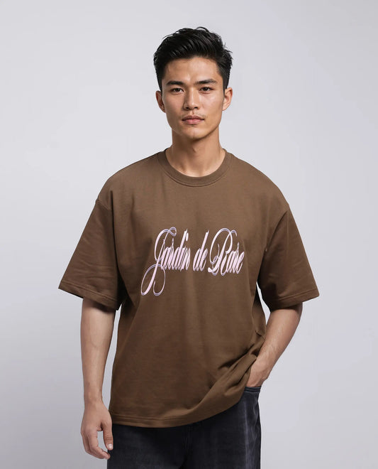 Rare Rabbit Men's Elton Brown Cotton Hd Print Oversized Fit Half Sleeve Crew Neck T-Shirt