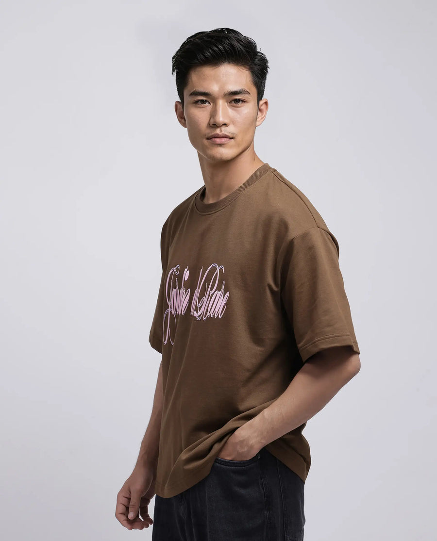 Rare Rabbit Men's Elton Brown Cotton Hd Print Oversized Fit Half Sleeve Crew Neck T-Shirt