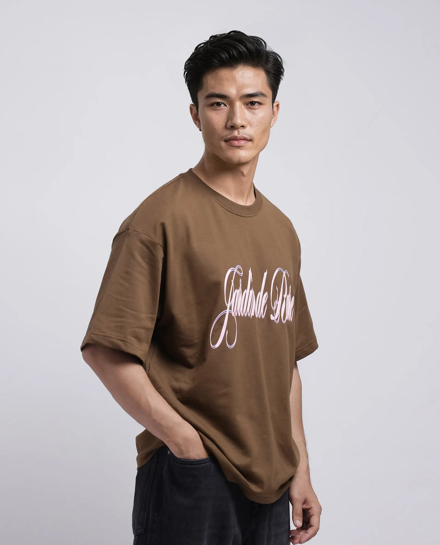 Rare Rabbit Men's Elton Brown Cotton Hd Print Oversized Fit Half Sleeve Crew Neck T-Shirt