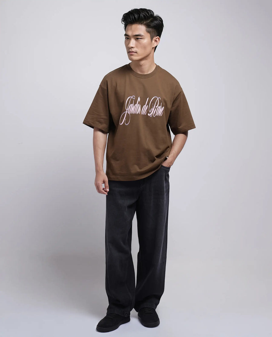 Rare Rabbit Men's Elton Brown Cotton Hd Print Oversized Fit Half Sleeve Crew Neck T-Shirt