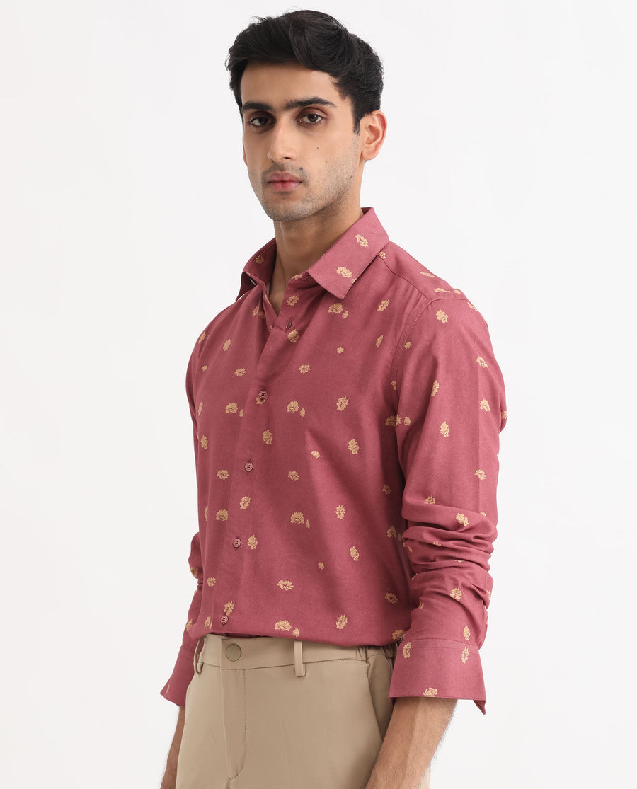 Rare Rabbit Men's Embodee Red Cotton Floral Print Regular Fit Full Sleeve Collared Shirt