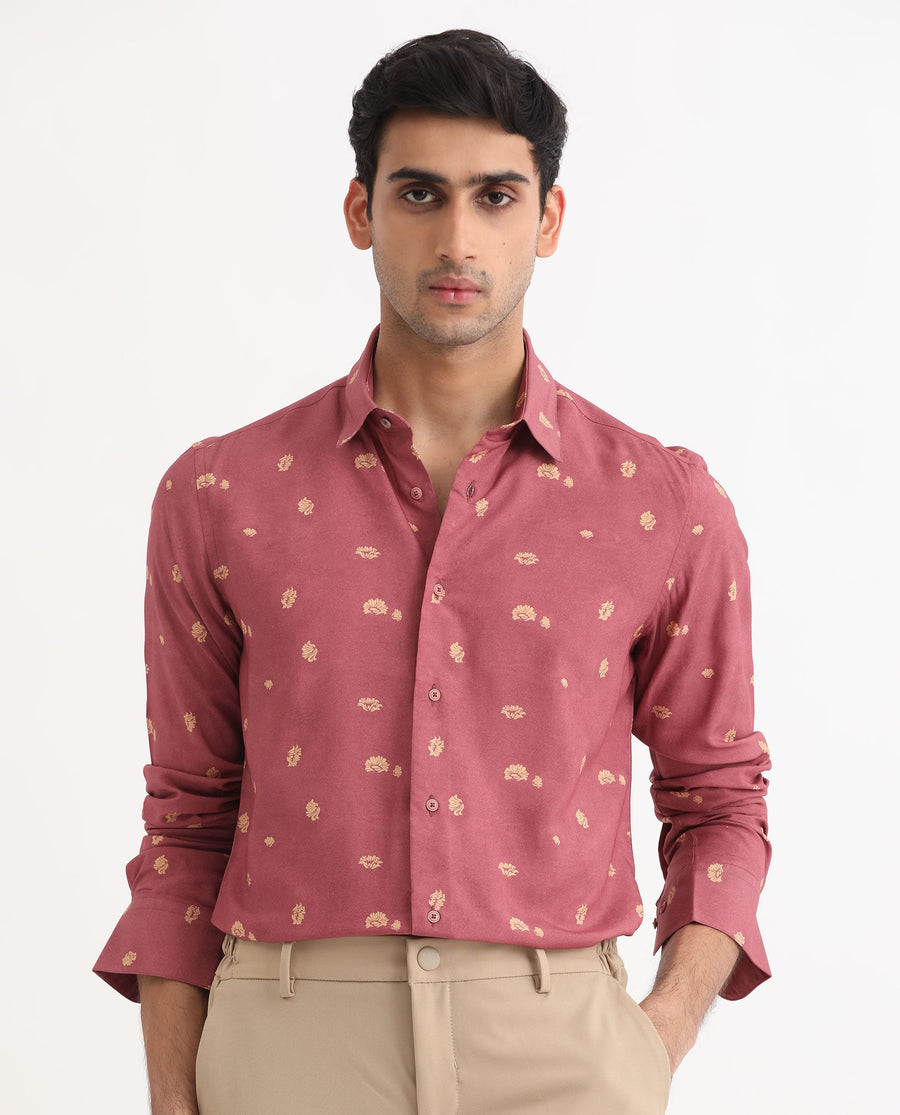 Rare Rabbit Men's Embodee Red Cotton Floral Print Regular Fit Full Sleeve Collared Shirt
