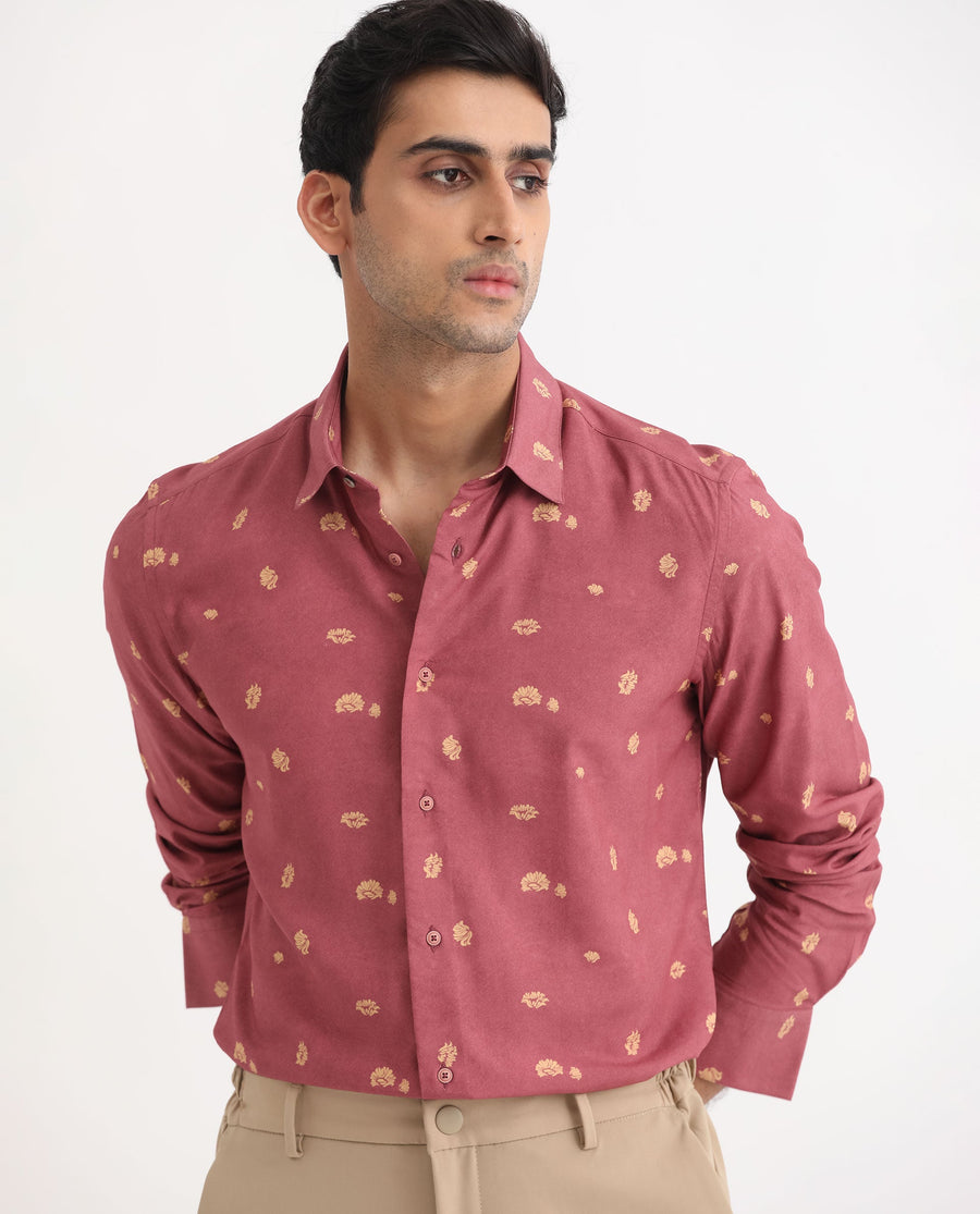 Rare Rabbit Men's Embodee Red Cotton Floral Print Regular Fit Full Sleeve Collared Shirt