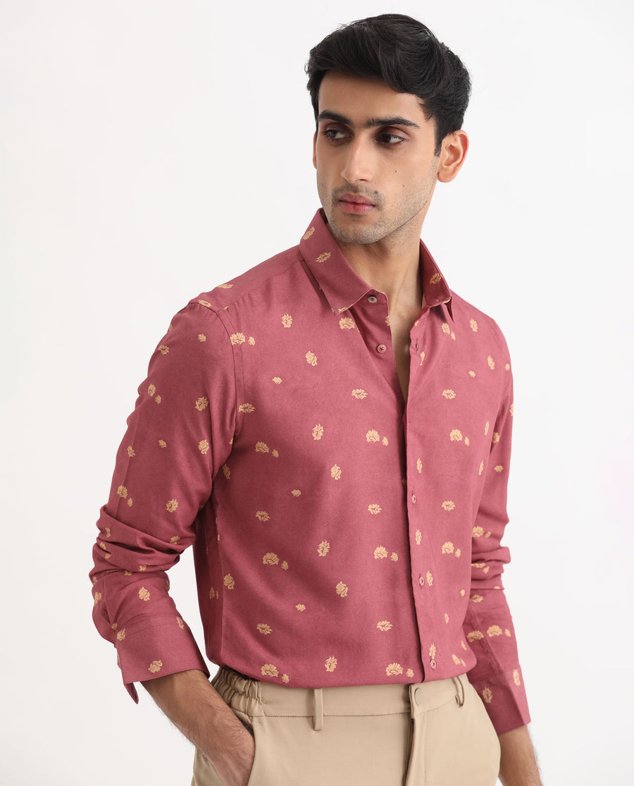 Rare Rabbit Men's Embodee Red Cotton Floral Print Regular Fit Full Sleeve Collared Shirt