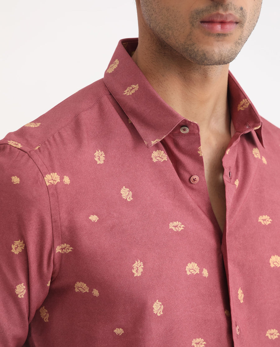 Rare Rabbit Men's Embodee Red Cotton Floral Print Regular Fit Full Sleeve Collared Shirt