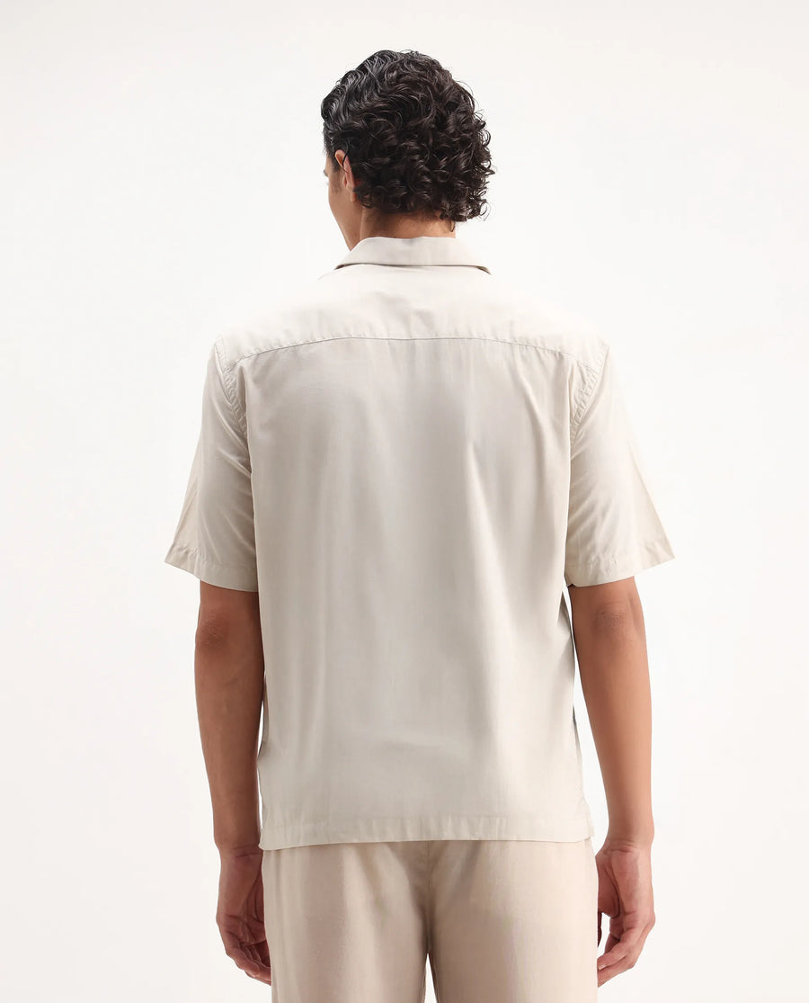 Rare Rabbit Men's Embomo Beige Cotton Embroidered Boxy Fit Half Sleeve Collared Shirt