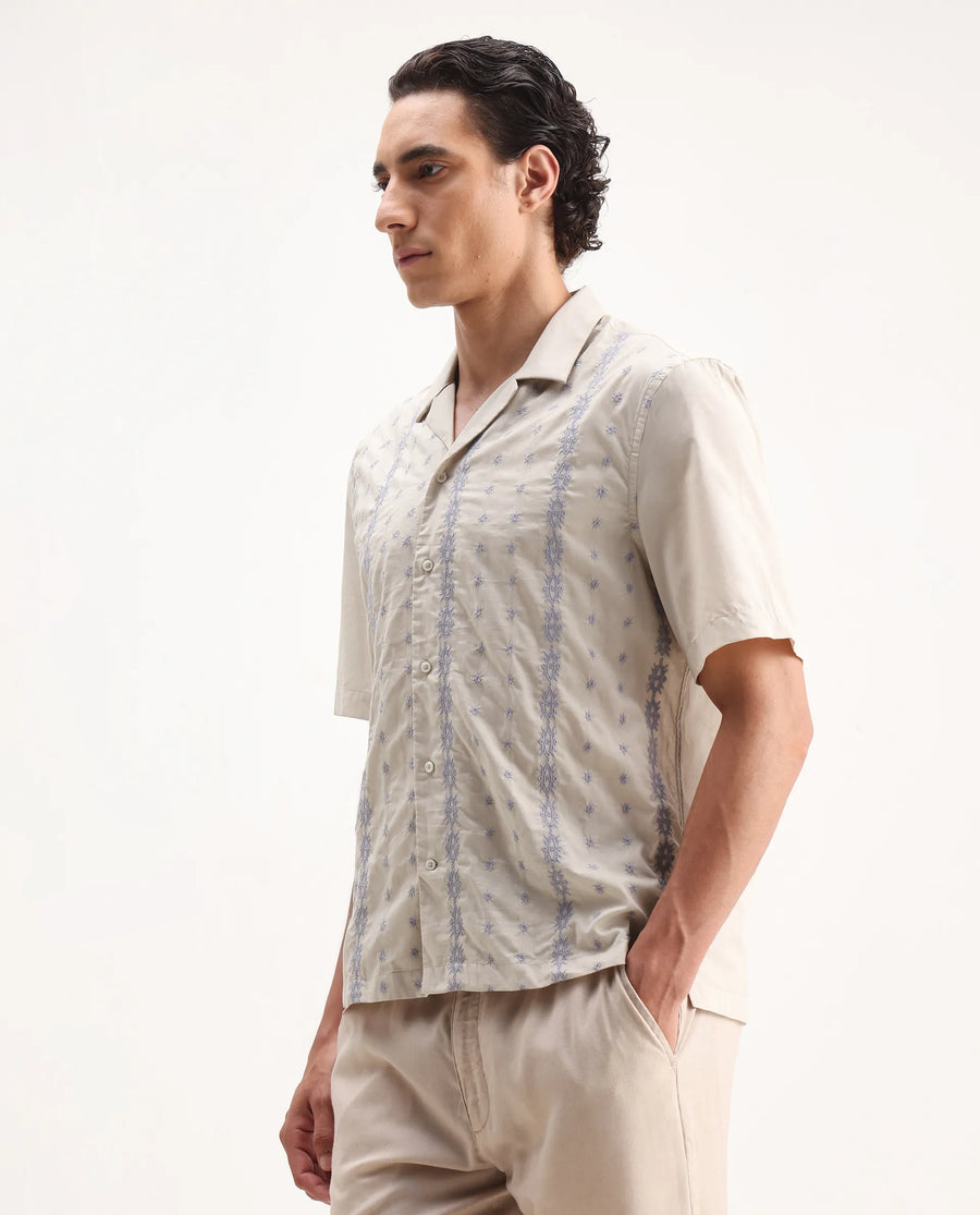 Rare Rabbit Men's Embomo Beige Cotton Embroidered Boxy Fit Half Sleeve Collared Shirt