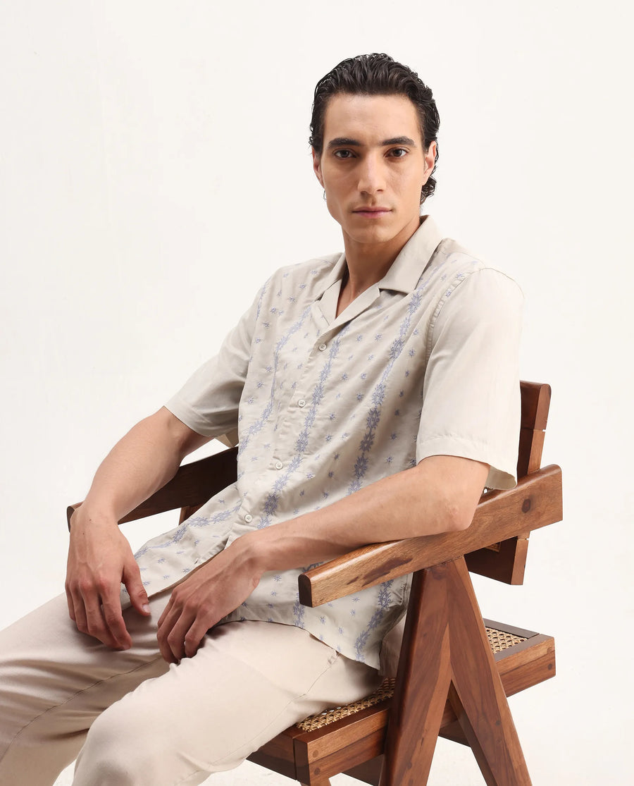 Rare Rabbit Men's Embomo Beige Cotton Embroidered Boxy Fit Half Sleeve Collared Shirt
