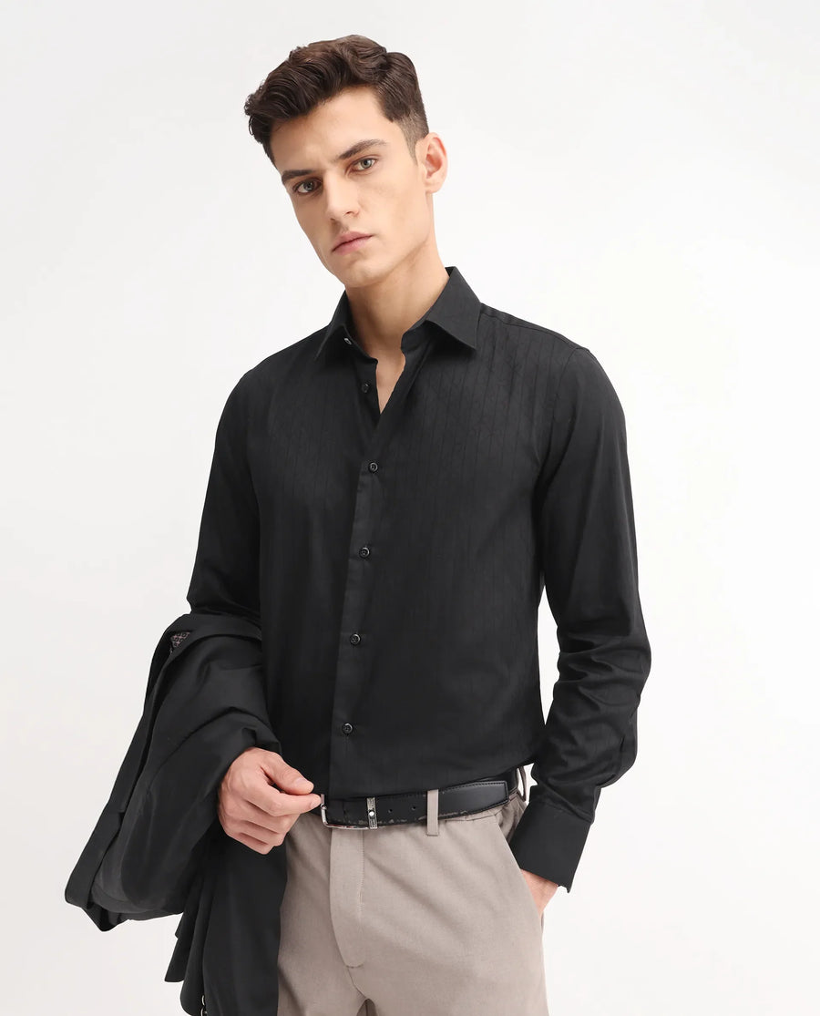 Rare Rabbit Men's Embon Black Cotton Jacquard Regular Fit Full Sleeve Collared Shirt