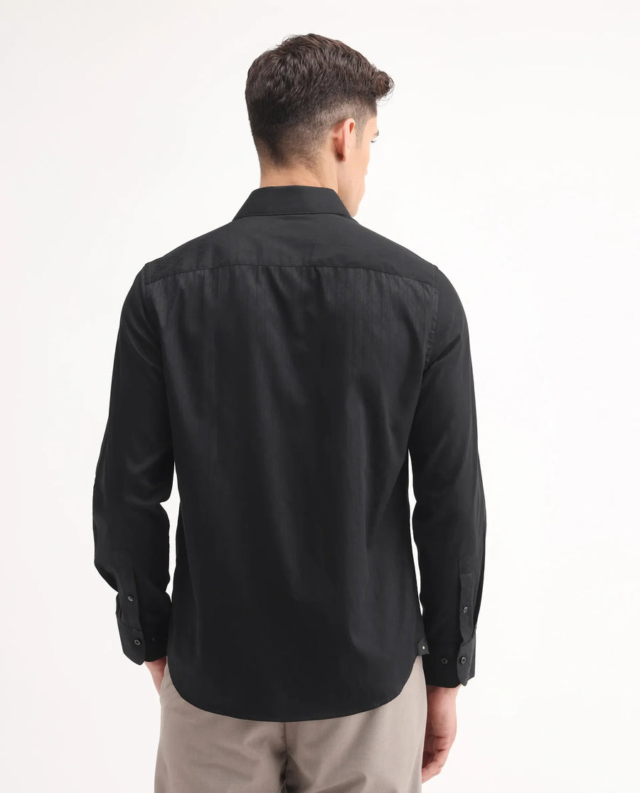 Rare Rabbit Men's Embon Black Cotton Jacquard Regular Fit Full Sleeve Collared Shirt