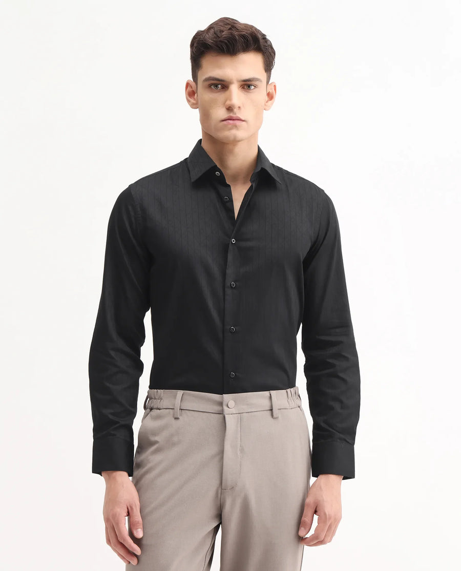Rare Rabbit Men's Embon Black Cotton Jacquard Regular Fit Full Sleeve Collared Shirt