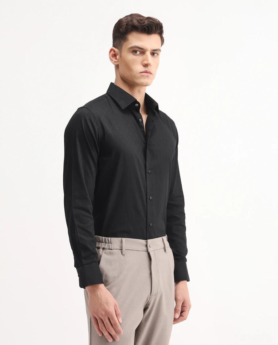 Rare Rabbit Men's Embon Black Cotton Jacquard Regular Fit Full Sleeve Collared Shirt