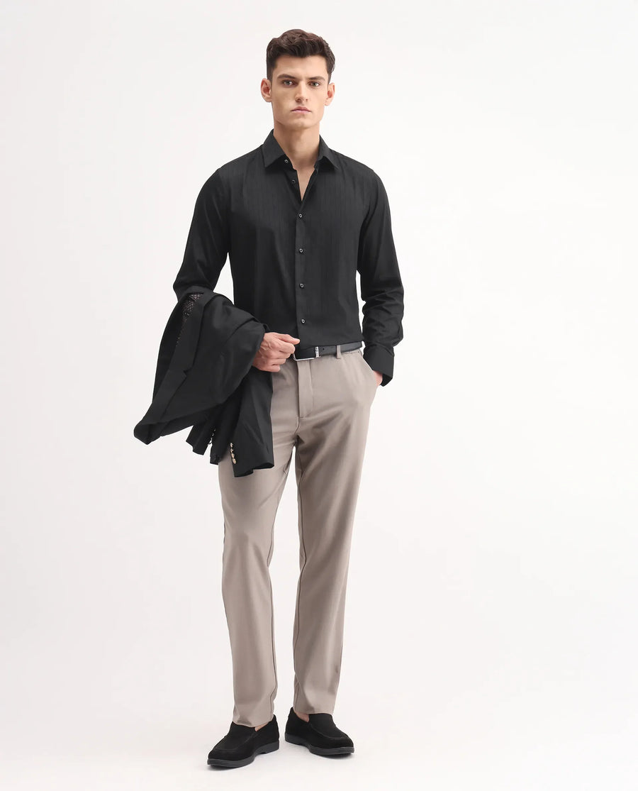 Rare Rabbit Men's Embon Black Cotton Jacquard Regular Fit Full Sleeve Collared Shirt