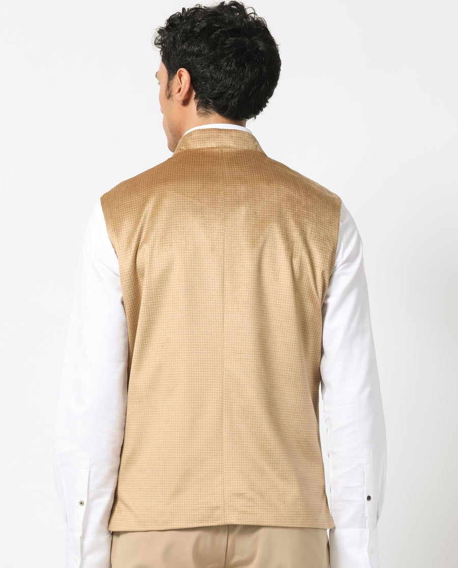 Rare Rabbit Men's Emerald Light Beige Polyester Plain Tailored Fit Sleeveless Mandarin Collar Bandhgala Rare Rabbit Men's Lasmos-B1 Beige Viscose Embroidered Regular Fit Sleeveless Mandarin Collar Bandhgala Nehru Jacket