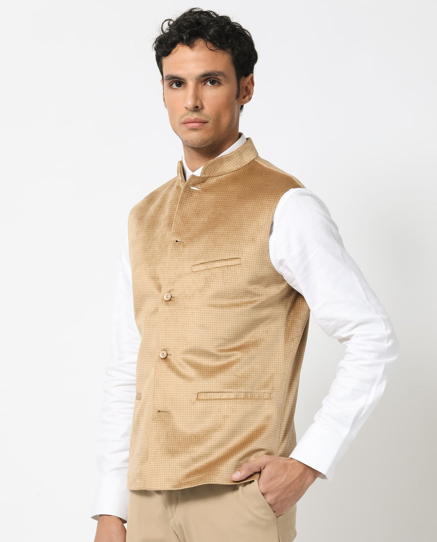 Rare Rabbit Men's Emerald Light Beige Polyester Plain Tailored Fit Sleeveless Mandarin Collar Bandhgala Rare Rabbit Men's Lasmos-B1 Beige Viscose Embroidered Regular Fit Sleeveless Mandarin Collar Bandhgala Nehru Jacket