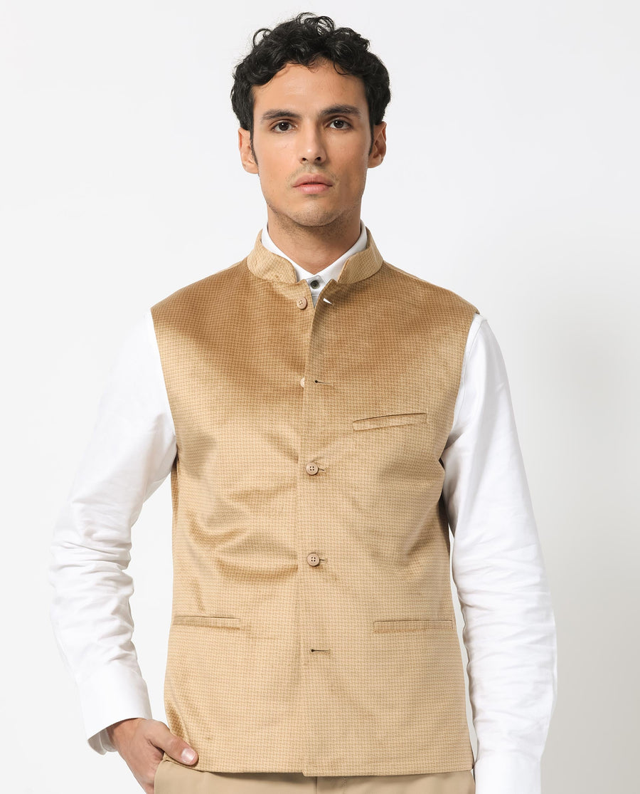 Rare Rabbit Men's Emerald Light Beige Polyester Plain Tailored Fit Sleeveless Mandarin Collar Bandhgala Rare Rabbit Men's Lasmos-B1 Beige Viscose Embroidered Regular Fit Sleeveless Mandarin Collar Bandhgala Nehru Jacket
