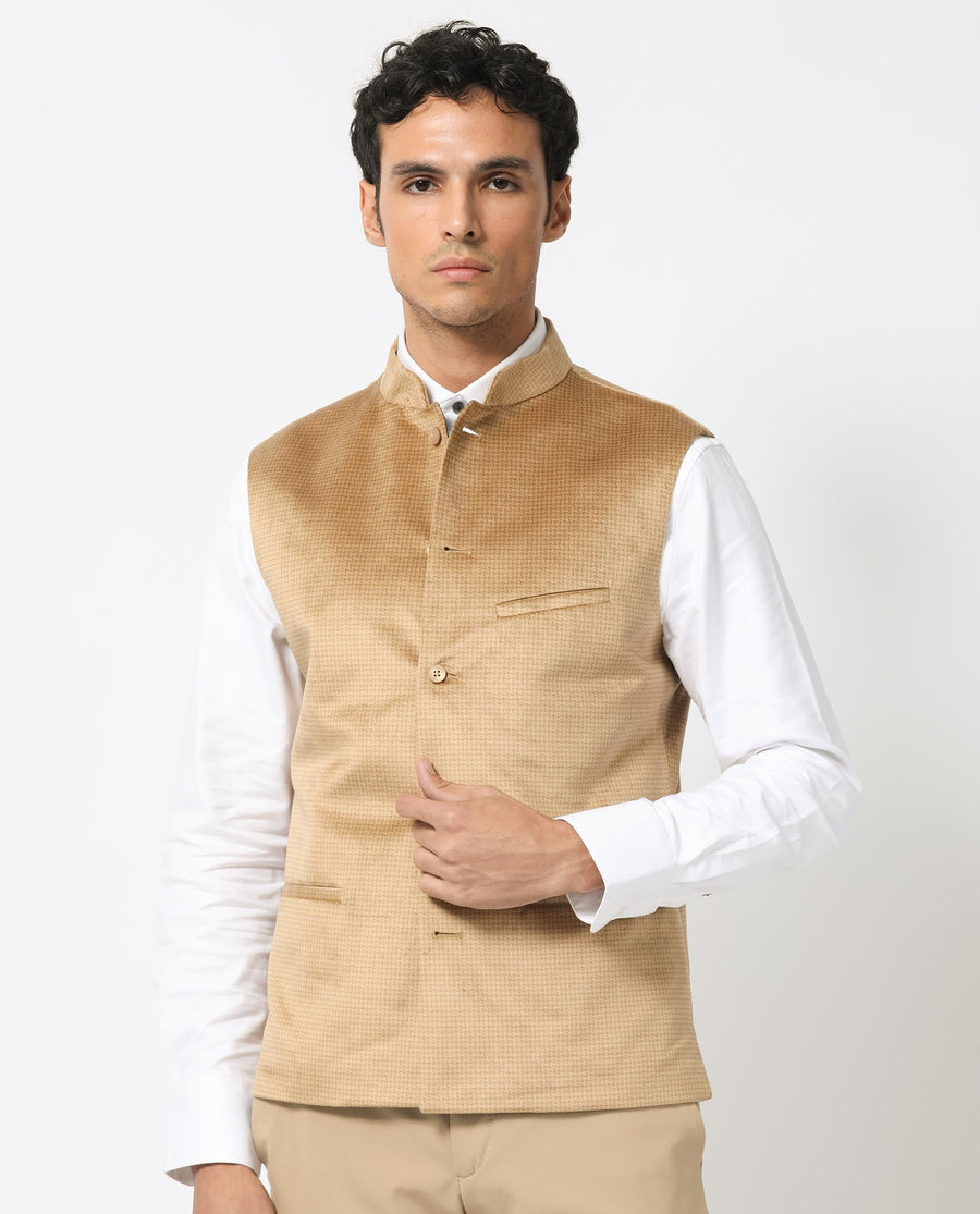 Rare Rabbit Men's Emerald Light Beige Polyester Plain Tailored Fit Sleeveless Mandarin Collar Bandhgala Rare Rabbit Men's Lasmos-B1 Beige Viscose Embroidered Regular Fit Sleeveless Mandarin Collar Bandhgala Nehru Jacket