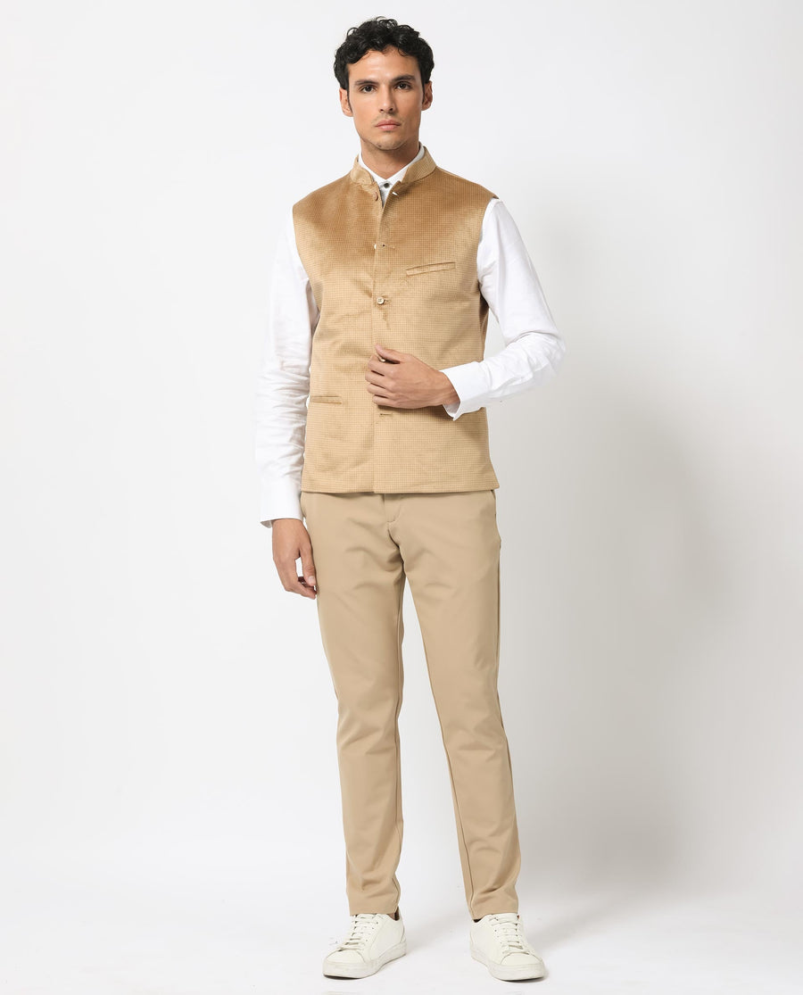 Rare Rabbit Men's Emerald Light Beige Polyester Plain Tailored Fit Sleeveless Mandarin Collar Bandhgala Rare Rabbit Men's Lasmos-B1 Beige Viscose Embroidered Regular Fit Sleeveless Mandarin Collar Bandhgala Nehru Jacket