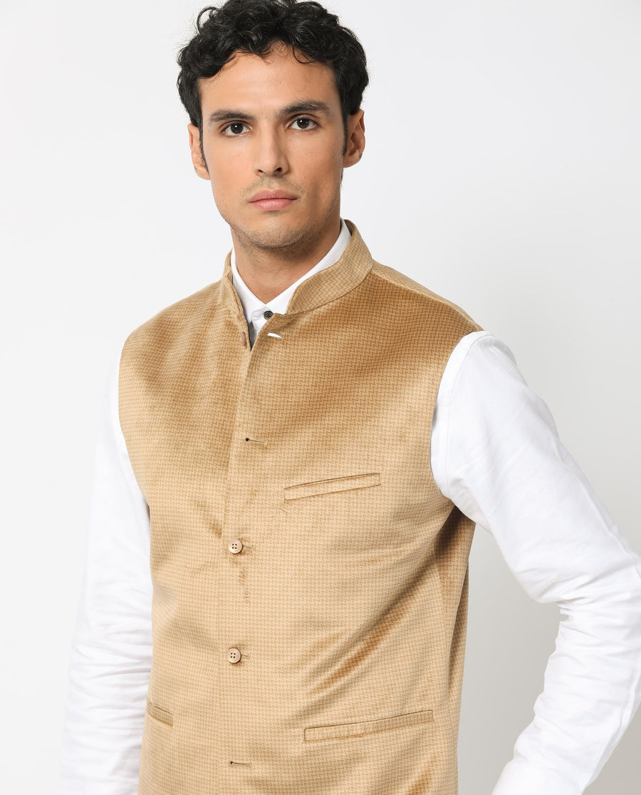Rare Rabbit Men's Emerald Light Beige Polyester Plain Tailored Fit Sleeveless Mandarin Collar Bandhgala Rare Rabbit Men's Lasmos-B1 Beige Viscose Embroidered Regular Fit Sleeveless Mandarin Collar Bandhgala Nehru Jacket