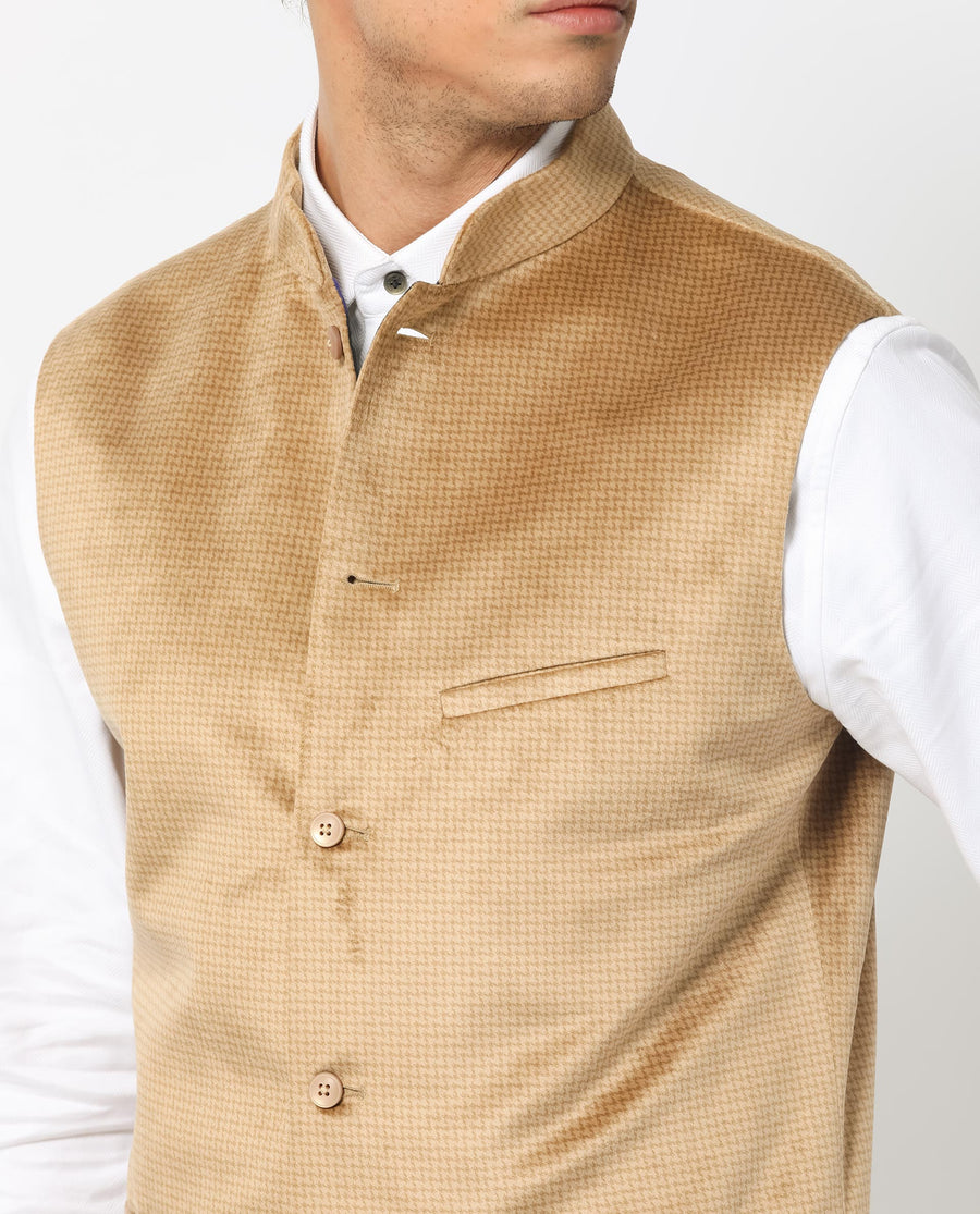 Rare Rabbit Men's Emerald Light Beige Polyester Plain Tailored Fit Sleeveless Mandarin Collar Bandhgala Rare Rabbit Men's Lasmos-B1 Beige Viscose Embroidered Regular Fit Sleeveless Mandarin Collar Bandhgala Nehru Jacket